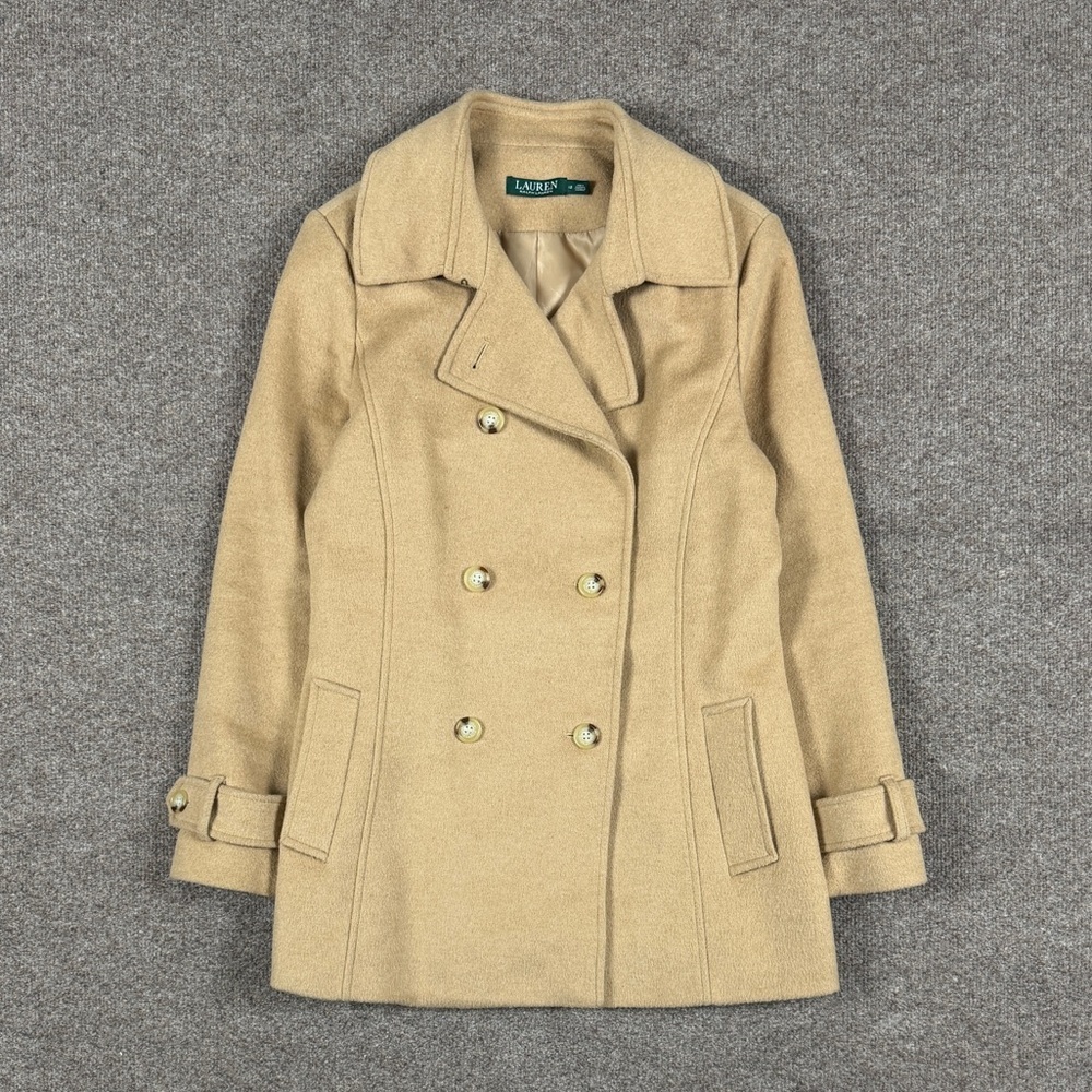 Ralph Lauren Tan‎ Wool Double Breasted Short Pea Coat Women’s 12 Winter Overcoat